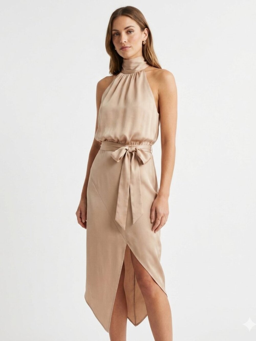 STYLESTALKER DUSTY PINK SATIN HALTER ASYMMETRICAL MIDI FORMAL EVENING DRESS - S